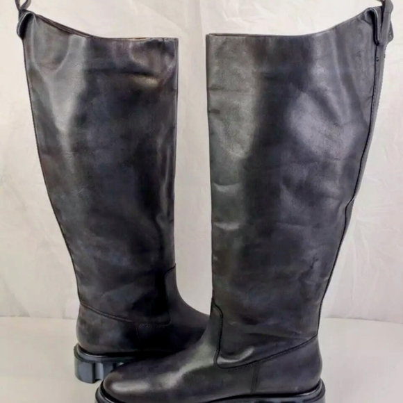 Free People Brooks Tall Black Leather Boots Moto Riding Combat New without Box - Picture 3 of 11